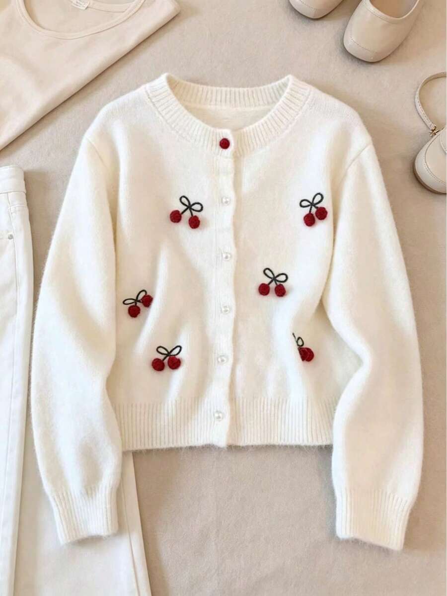 Cherry Embroidered Soft Knit Cardigan Sweater, New Loose Fit Slimming Versatile Knitwear For Women - White - View 1