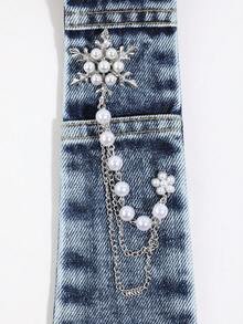 1PC Unisex Fashion Versatile Dly Denim Style Detachable Faux Pearl Snowflake Chain Decor No-Tie Denim Necktie Suitable For Daily Wear, Shopping, School, Party - Blue - View 3