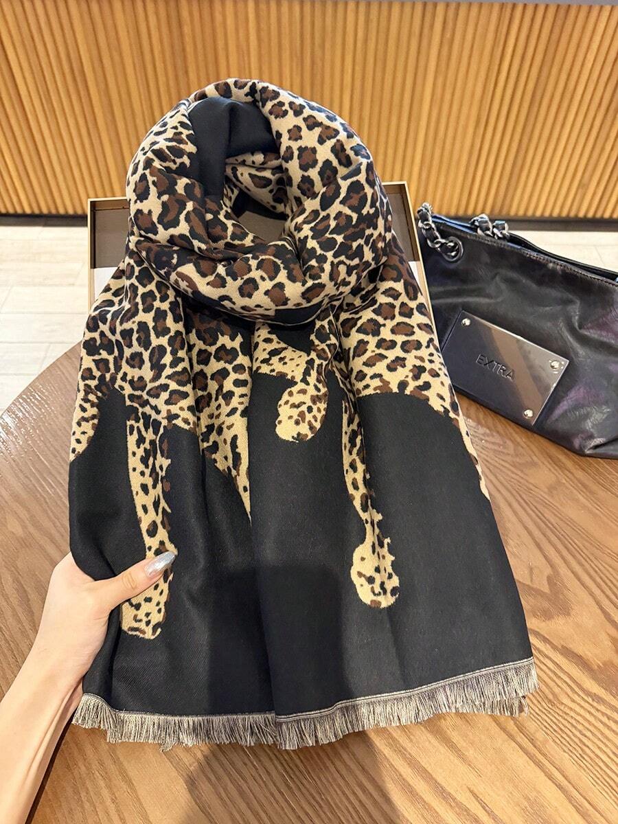 1件裝動物圖案黑色女款冬季保暖多功能披肩,雙用途,適用冷氣房與辦公室,長款加厚圍脖披肩 - 黑色 - 查看 1
