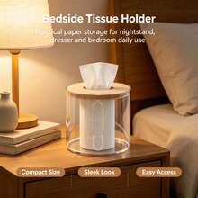 1pc Creative Round Tissue Box With Bamboo Lid, Minimalist Desktop Tissue Holder, Transparent Tissue Storage Box, Fashionable Living Room And Dining Room Desktop Organizer, Decorative Tissue Box, Practical Desktop Daily Tissue Storage Accessory - Multicolor - View 3