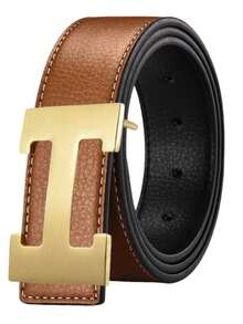 Adjustable Men Formal Belt, Polished Hollow Geometric Metal Buckle, Fine Stitching Grain Strap, Classic Waist Belt For Office & Casual Outfit - Multicolor - View 9