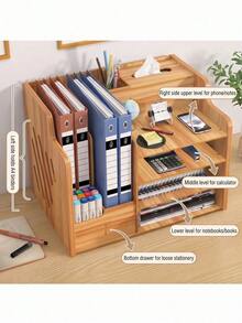 Wooden Office Desk Organizer With File Rack & Pen Holder, Multi-Functional Desktop Storage Cabinet For A4 Documents, Stationery, Mobile Phone, Home Office & Back To School Supplies - Yellow - View 4