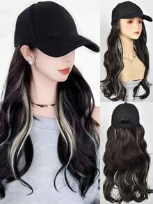 Synthetic Wig Hat One-Piece Female Black Highlights White Long Curly Hair Baseball Cap Fashion Cap Wig - Multicolor - View 16