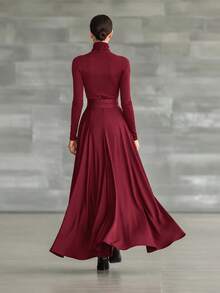 Black High Neck Women's Long Dress, Autumn Elegant Casual Quiet Luxury Style High Waist Tie Bow Full Skirt - Burgundy - View 8
