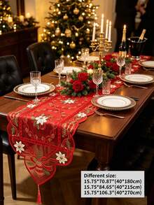 1pc 100% Polyester Red Sheer Embroidery Christmas Table Runner, Bell & Poinsettia Pattern Tassel Table Scarf, Holiday Dining Table Decor For Xmas Party Home Decoration - Red - View 11
