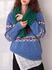 Women's Vintage Blue Jacquard Knit Pullover, Long Sleeve Regular Fit V-Neck Sweater, Winter Bohemian Style Essential - Blue - View 4