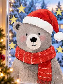 Christmas Window Decor Cute Bear Static Cling Stickers, Knitted Hat And Scarf Design, Reusable Glue-Free Glass Decals, Holiday Display Decoration Gift For Home And Store - A - View 7
