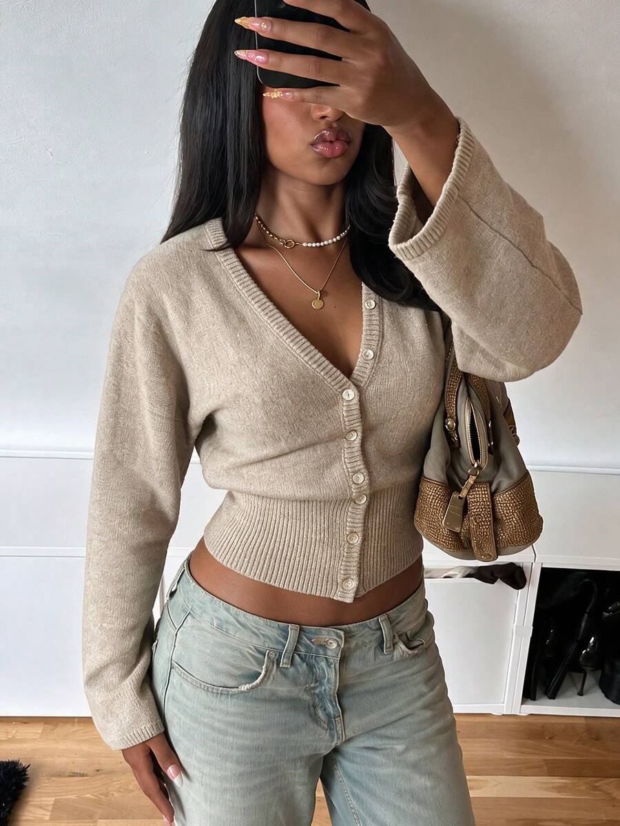 Women's Fall Winter Clothes Knit Cardigan Wide Sleeve V Neck Shell Button Top Cozy Casual Fall Layering Everyday Wear Work Coffee Run Brunch Weekend - Grey - View 1