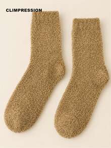 CLIMPRESSION Men's Pure Black Soft Fleece Mid-Calf Socks, Thickened Coral Fleece Warm Winter Home Sleep Socks - Brown - View 11