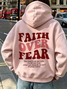 1pc Women's Long Sleeve Hooded Sweatshirt, Faith Over Fear Inspirational English Letter Print, Casual Loose Fit Sports Sweatshirt, Autumn/Winter Long Sleeve Top - Pink - View 1