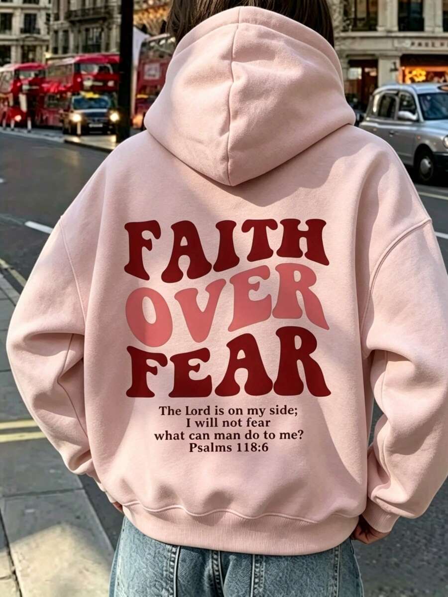 1pc Women's Long Sleeve Hooded Sweatshirt, Faith Over Fear Inspirational English Letter Print, Casual Loose Fit Sports Sweatshirt, Autumn/Winter Long Sleeve Top - Pink - View 1