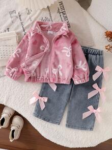 Baby Girl Autumn/Winter 2pcs Set Pink Stand Collar Fleece Jacket With White Bow Pattern + Side Bow Decorated Denim Straight Leg Pants - Pink - View 3
