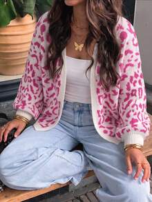 Plus Size Ladies Leopard Knit Cardigan Open Front Long Sleeve Sweater Autumn Winter Commuter Workwear Outerwear Tops - Multicolor - View 1