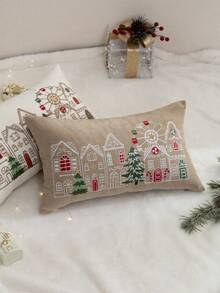 1pc Christmas Khaki Ferris Wheel House Embroidered Pillow Case, Suitable For Indoor Decoration, Christmas Decoration, All-Season Pillow Case, Without Insert - Khaki - View 8