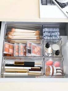 1pc Transparent Desktop Drawer Storage Box, Room Decor, Desktop Storage, Cosmetic Storage, Cosmetic Storage Box, Vanity Drawer Transparent Storage Box Set, Tray Set, Lipstick Perfume Organizer, Vanity Skincare Storage Box, Transparent Multi-Specification Combination Water-Based Lotion Sample Organizer Box, Office Stationery Storage Box, Storage, Storage Organizer, Vanity Skincare Exquisite Display Rack Trapezoid Multi-Layer Shelf - Multicolor - View 4