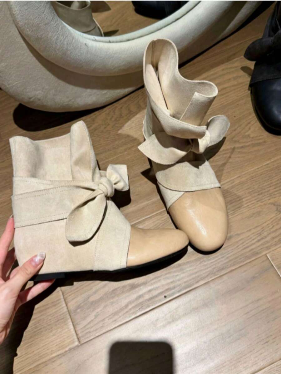 Women Round Toe Hidden Wedge Heel Ankle Boots Bow Knot Wrap Strap Slouch Short Boots For Women Height Increasing Coquette Boots Fall Winter Daily Wear - Beige - View 1