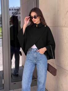 Fashionable Women's Black Woven Fabric Cape Coat, Short Length With Collar And Gold Buttons, Long Batwing Sleeves, Suitable For Autumn - Black - View 2