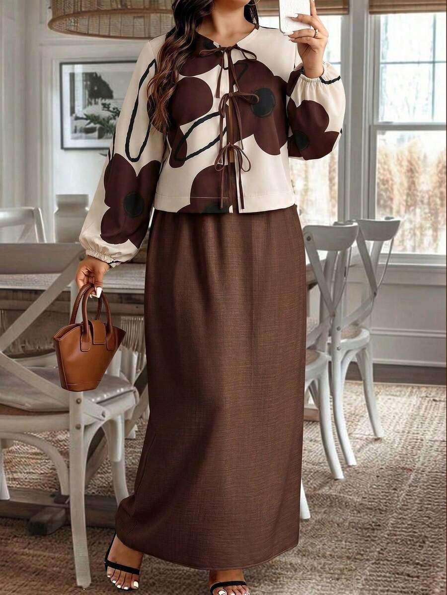 2pcs Plus Size Floral Random Print Tie-Front Top + Solid Color Maxi Skirt Set, Suitable For Spring, Summer, Autumn Casual And Commute Wear - Multicolor - View 1