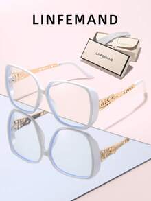 LINFEMAND 1 Pair Women's Oversized Gradient Non-Prescription Glasses, Hollow Metal Temple Design, Face-Flattering Small-Face Effect, Fashionable Contrast Color Frame, Daily Commute Office Wear, Versatile Decorative Eyewear - Clear - View 12