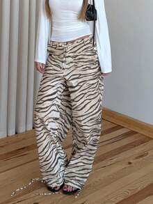 2026 New Zebra Print Woven Fabric Drawstring Waist Women's Long Pants - Light Khaki - View 2