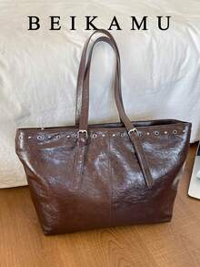 Women's Vintage Brown Oil Wax PU Large Tote Bag, Eyelet Rivet Decor Shoulder Bag, Adjustable Strap Large Capacity Shopping Handbag - Coffee - View 1