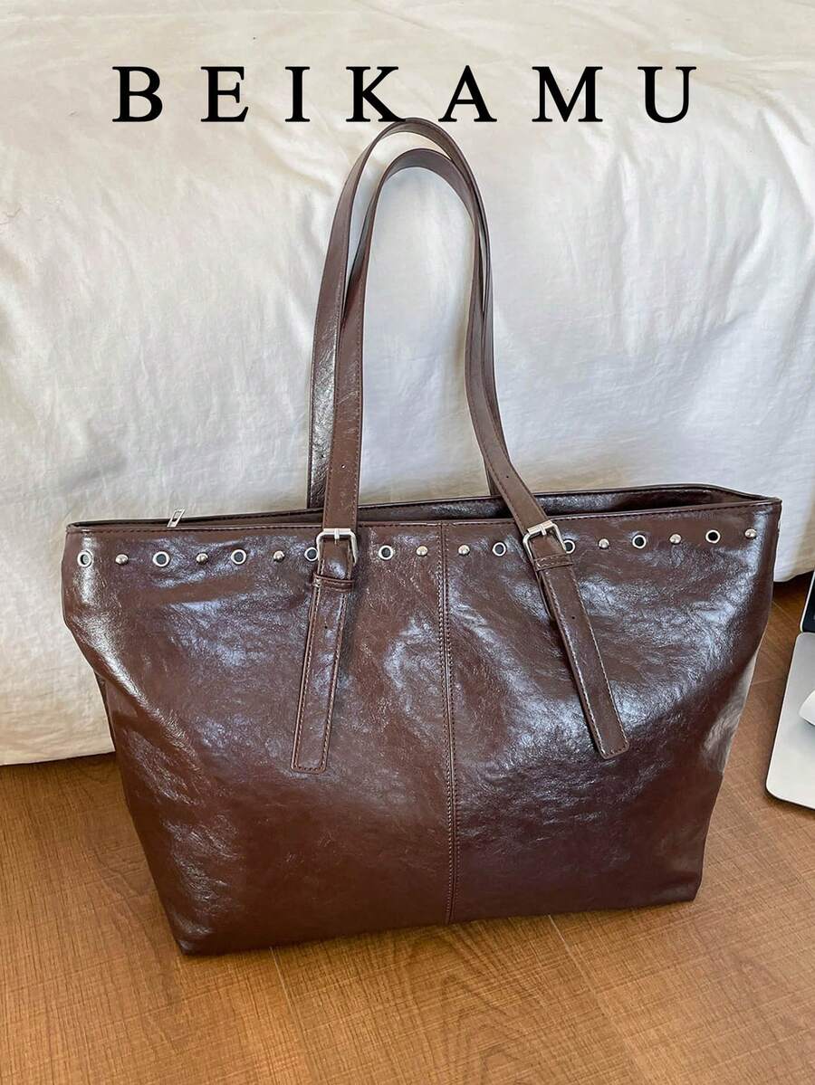 Women's Vintage Brown Oil Wax PU Large Tote Bag, Eyelet Rivet Decor Shoulder Bag, Adjustable Strap Large Capacity Shopping Handbag - Coffee - View 1