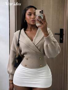 NEW IDEA Women's Commute Fashion Khaki Fall Winter Cropped Sweater, V‑Neck Long Sleeve Knit Top For Night Out, Daily, Going Out, Date, Casual - Khaki - View 6