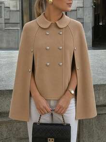 Mantel Cape Wanita Musim Gugur Kerah Peter Pan Double Breasted, Jaket Cape Longgar dengan Dekorasi Kancing Emas, Cocok untuk Acara Harian - Khaki - View 8