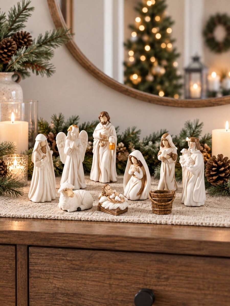 7Pcs Resin Nativity Scene Set, Christmas Holy Family Figurines With Baby Jesus, Mary, Joseph, Angel, Shepherd, Lamb , Christmas Tabletop Decor For Home, Mantel And Holiday Display - Christmas - View 1