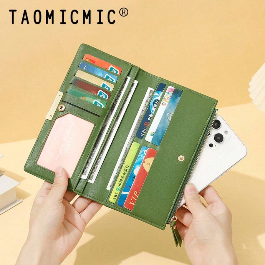 Ví dài nữ bằng da PU với nhiều ngăn đựng thẻ, dung tích lớn, ngăn đựng tiền mặt, túi khóa kéo, cửa sổ đựng ID và khóa bấm
