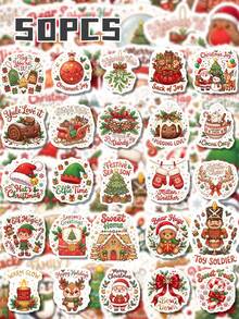 50Pcs PP Merry Christmas Stickers, Classic Happy Christmas Style, Including Santa Claus, Snowmen, Reindeer, Christmas Bears, Holiday English Slogans Elements, For Journal Collage, Skateboard, Tablet, Notebook, Storage Box, DIY Craft Decor - Multicolor - View 8