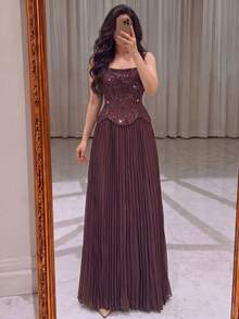 Luxury Elegant Beaded & Sequined Pleated Long Formal Evening Gown Party Wedding Brown Fall - Brown - View 4