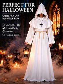 Halloween Medieval Monk Priest Costume Set, White Hooded Robe With Cross Necklace And Rope Belt, Suitable For Masquerade, Cosplay Themed Party, Holiday Gift Choice - Multicolor - View 2