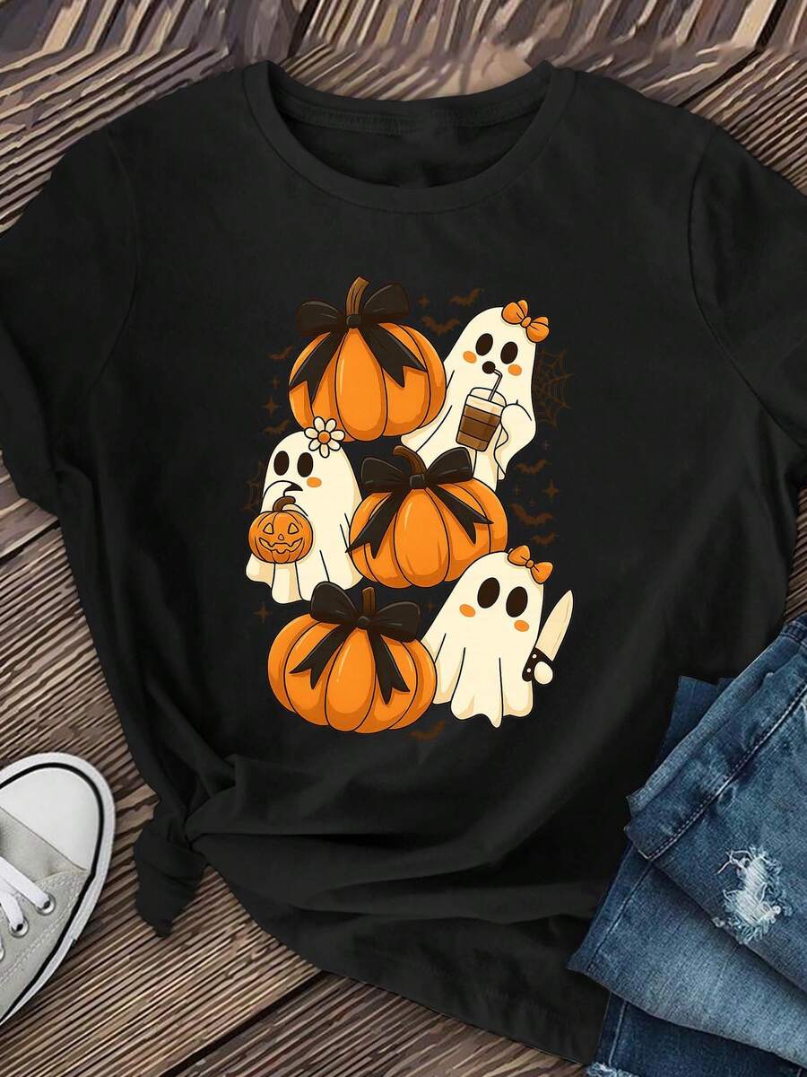 Camiseta de Mujer con Estampado de Calabaza y Fantasma de Halloween - Cuello Redondo Casual, Manga Corta, Corte Regular, Elasticidad Media, Ropa para Primavera, Verano y Otoño, Ropa de Hallo - Negro - Ver 1
