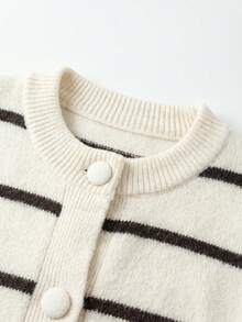 Women's Casual Black & White Striped Round Neck Knit Cardigan, Drop Shoulder Loose Fit With Pockets, Single-Breasted Short Sweater Jacket, Autumn/Winter - White - View 6