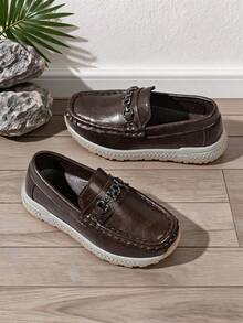 Kids' Spring/Autumn Retro Loafers Slip-On Easy On/Off Metal Horsebit Buckle Decor Round Toe Toe Protection Thick Sole Non-Slip Durable Casual School Party Shoes For Boys And Girls - Brown - View 2