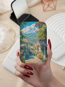 1PC Ins Landscape Series Portable Folding Makeup Mirror, Lightweight Ultra-Thin Convenient Durable PU Leather, Suitable For Various Occasions Travel Party Work School, Suitable For All Ages - Multicolor - View 5