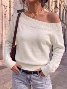 BYGOUBY Autumn/Winter Fashion Women's Cold Shoulder Long Sleeve Knit Sweater, Casual Ribbed Trim Pullover, Soft And Comfortable - White - View 5