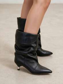 Autumn/Winter New Pointed Toe Kitten Heel Folded Slouch Mid-Calf Boots, Fashionable Versatile Ankle Boots For Women - Black - View 3