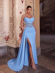 ADYCE Elegant Strapless Lace Patchwork Corset High Waist Tie Back High Slit Floor Length Evening Gown, Suitable For Prom, Formal Dinner, Homecoming Party, Wedding - Baby Blue - View 4