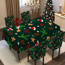 1PC/4PCS/5PCS/6PCS/7PCS/30PCS Dark Green Christmas Hat Gingerbread Man Pine Cone Holly Red Berry Print Christmas Tablecloth Elastic Chair Cover Set, Washable Decorative Dining Tablecloth + Elastic Chair Cover, Suitable For Christmas Eve Dinner, Christmas Family Gathering, Holiday Banquet, Home Dining Room Tabletop Holiday Party Decoration - Dark Green - View 6