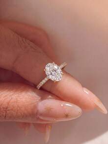 1pc Shiny Oval Engagement Ring/Wedding Ring, Women's Promise Ring/Eternity Ring, Exquisite Jewelry Gift - Gold - View 4