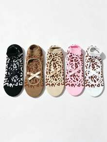 5 Pairs Women's Leopard Print Cross Strap Yoga Pilates Fitness Running Workout Dance Floor Socks, Non-Slip Quick-Dry - Multicolor - View 5