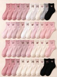 5/10 Pairs Random Color Mid Calf Socks, Leopard Bow Heart For Baby Girls, Pink Socks All Season Wear, Warm Soft For Campus Holiday Party Fall - Multicolor - View 2