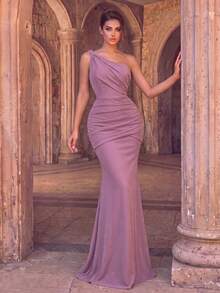 Romantic Women's Asymmetrical One-Shoulder Long Mermaid Evening Dress, Elegant Formal Gown With Pleated Details And Zipper, Suitable For Evening Events - Dusty Pink - View 5