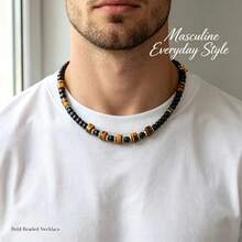 1pc A Men's Natural Tiger's Eye Necklace Decorated With Beads And Black Onyx.Symbolizing Courage. The Perfect Gift For Men And Versatile Necklace. - Black - View 3