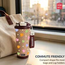 Cốc nước MINISO, cốc cà phê đơn giản và thanh lịch, họa tiết chấm bi hình trái tim 530ML, có ống hút, mẫu giữ nhiệt mới cho mùa thu đông; quà tặng ngày Valentine. - Cà phê nâu - Xem 5