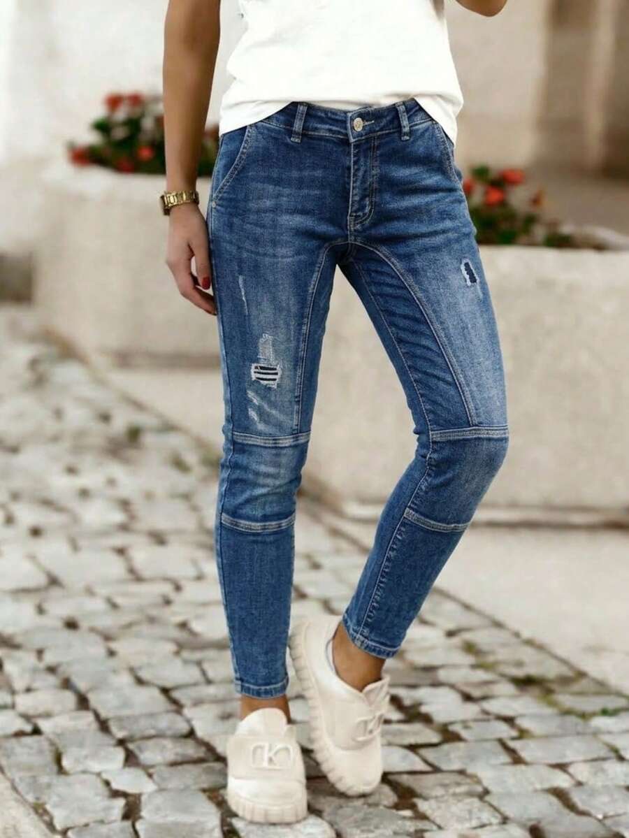 Women's Casual Ripped Denim Jeans With Button Details, Long Skinny Fit Stretchy Pants, Perfect For Fall Fashion Boyfriend - Dark Blue - View 1