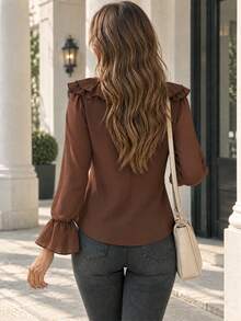 Blus lengan panjang model V-neck berbahan sifon cokelat elegan dengan detail ruffle dan ikat di bagian depan. - Coffee Brown - View 5