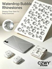 41pcs Set 8*14cm/8*12cm PET White & Colorful Rhinestone Faux Pearl Self-Adhesive Stickers, Includes Transparent Round Rhinestones, Mini Crushed Rhinestones, Water Drop Bubble Rhinestones, White Pearl Polka Dot Pattern, Luxury Delicate Style, Suitable For Phone Case, Earphone Bag Decoration, Styling Modification Accessories, DIY Decorative Stickers - Multi-color - View 4